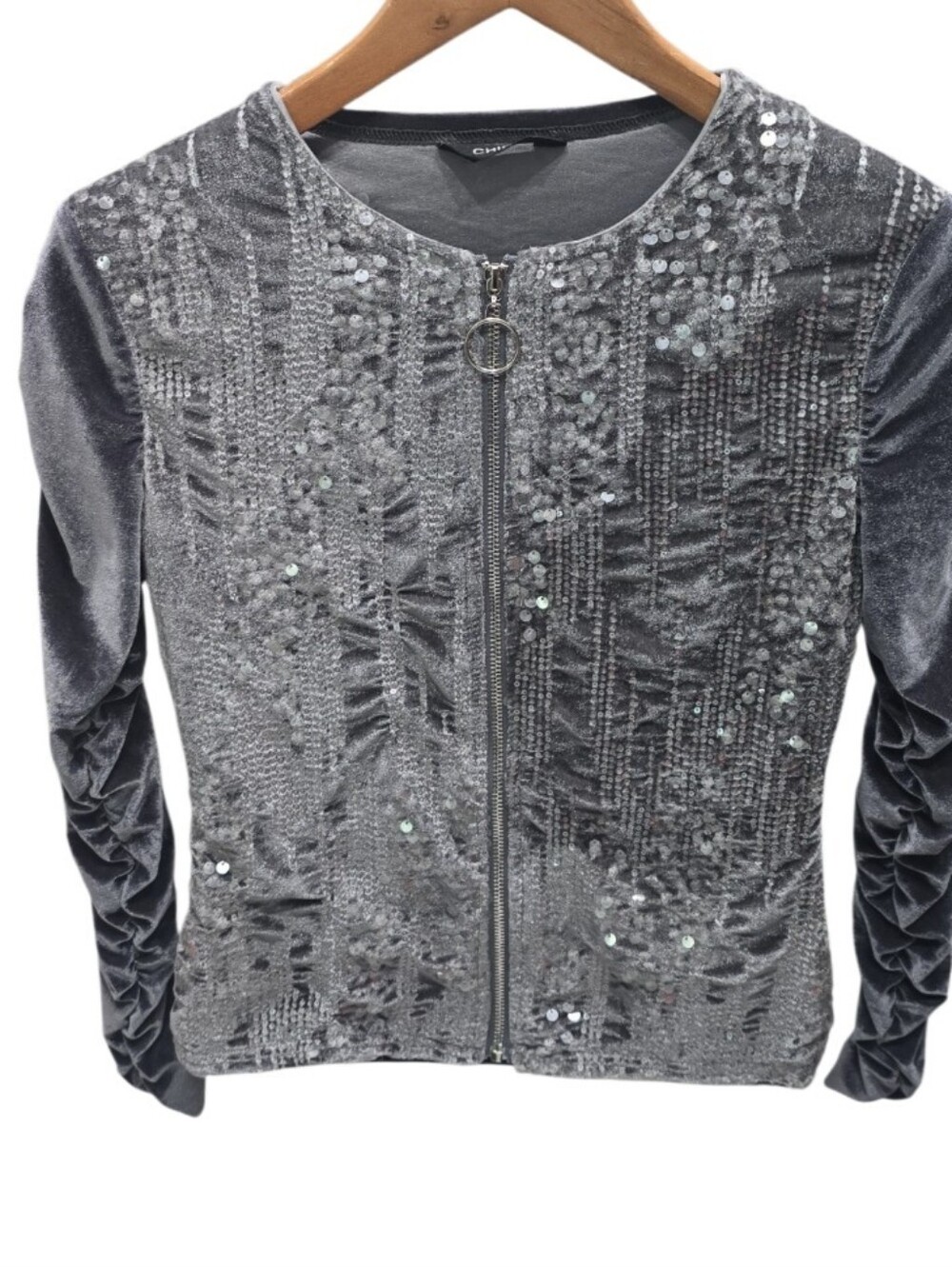 CHICME Gray Velvet Sequin Ruched Zip Up Jacket Y2K Glam S - Picture 3 of 11